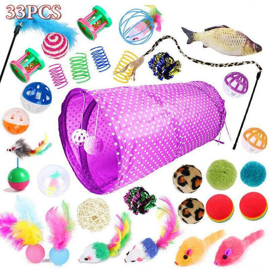 33PCS Cat Toy Set with Tunnel, Balls, Mice and Interactive Teaser Wands